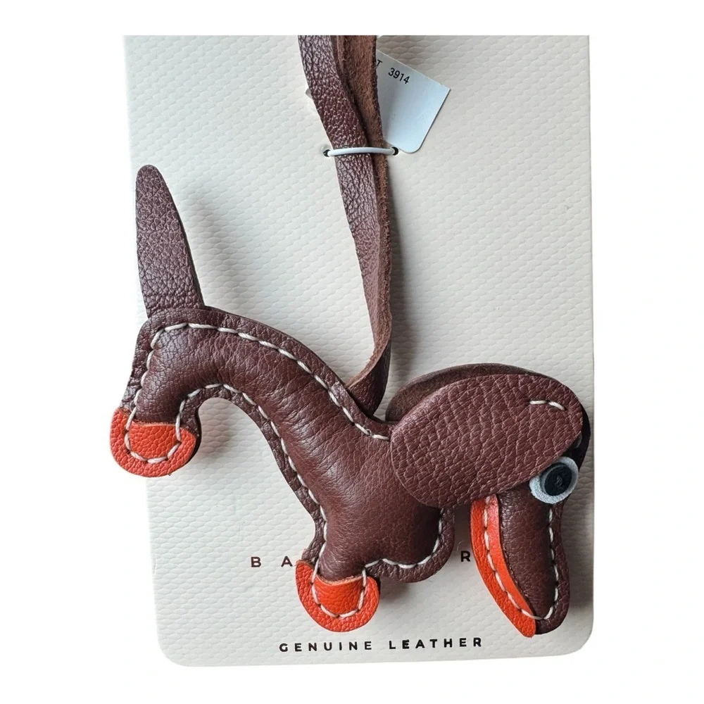 Camila Coelho Dachshund Leather Bag Charm Brown Wiener Dog Keychain NWT